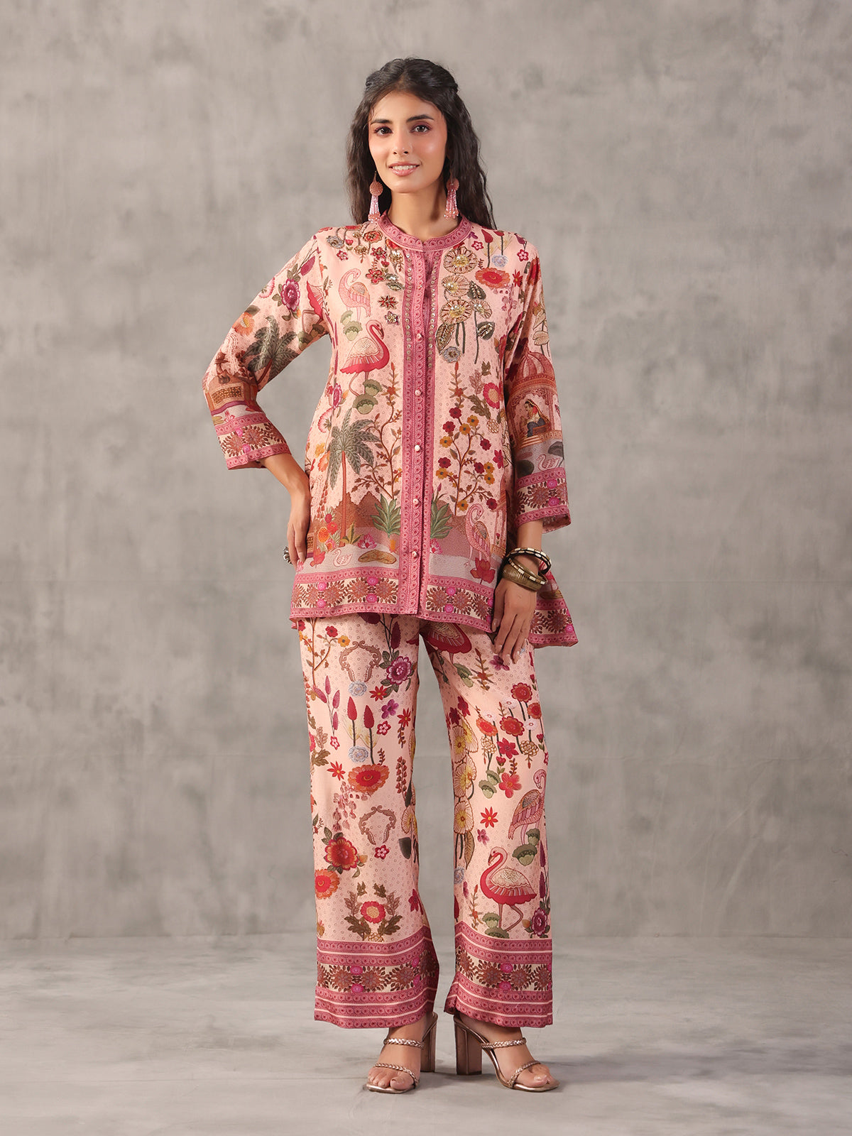 Pink sequined printed dola silk co ord set