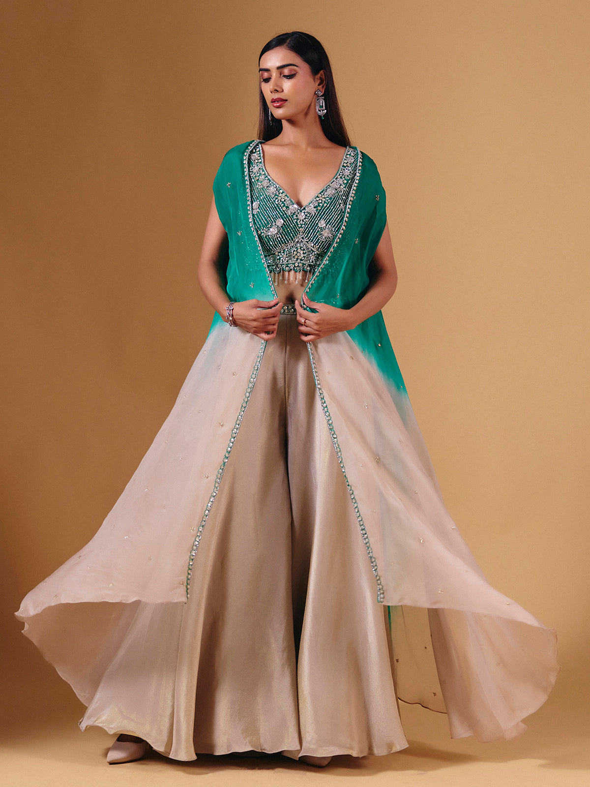 Elegant beige silk palazzo suit with sequins and shrug