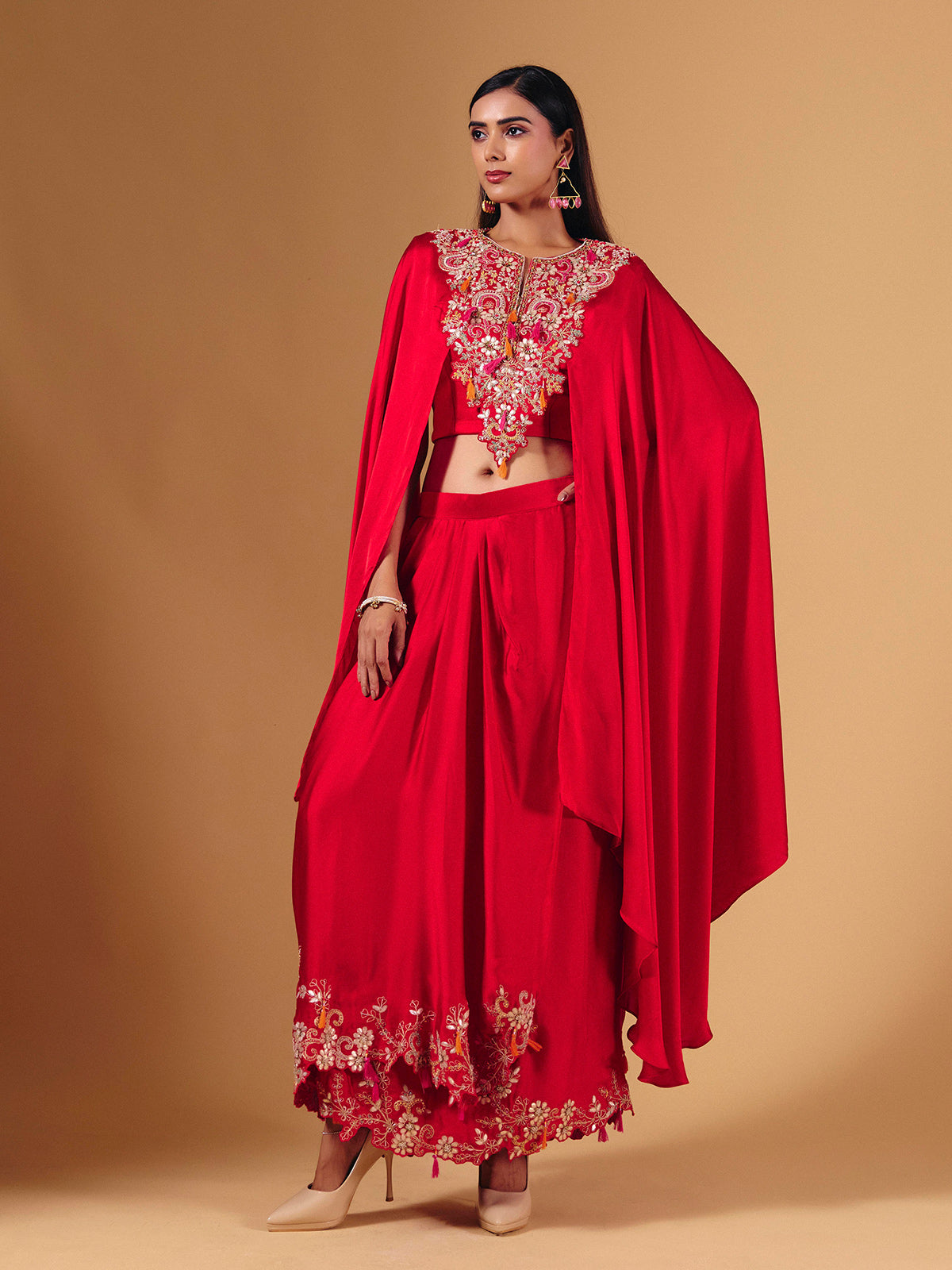 Bold red crepe silk indowestern suit with designer embellishments