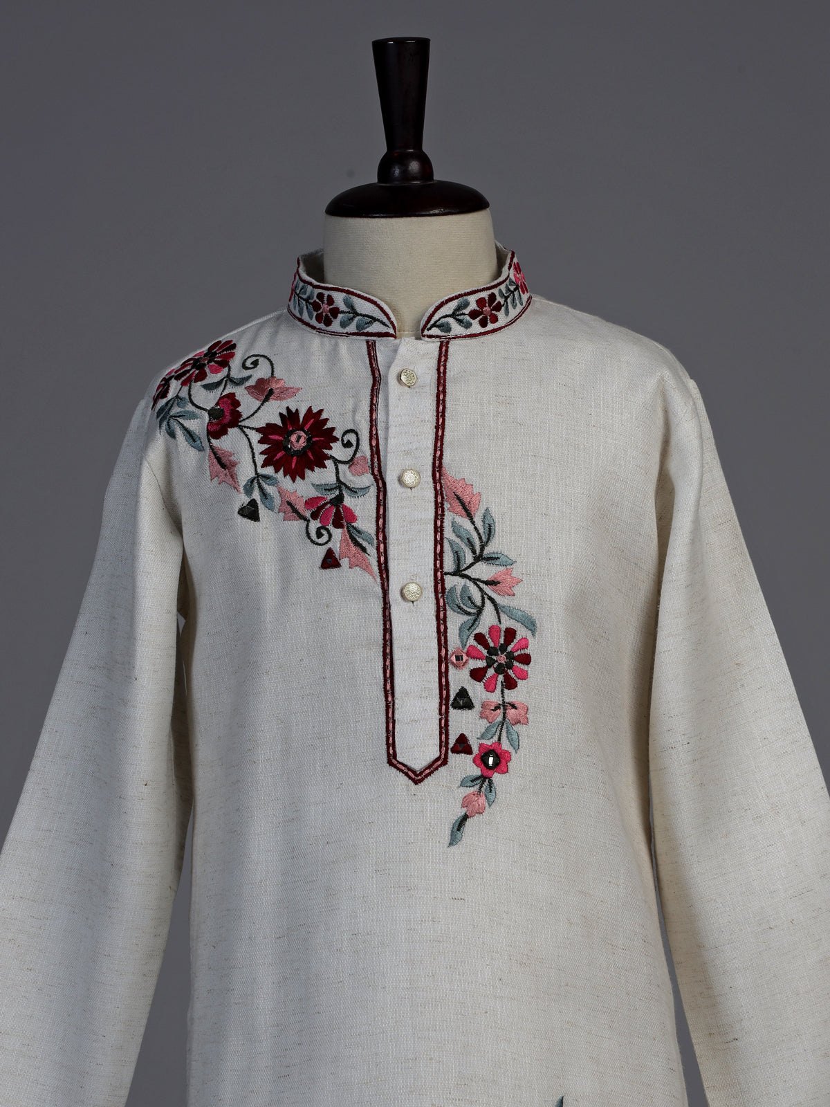 Off white diagonal floral boys kurta suit