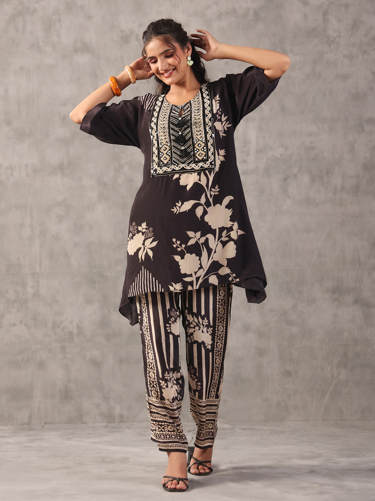 Black monotone tassel embellished co ord set