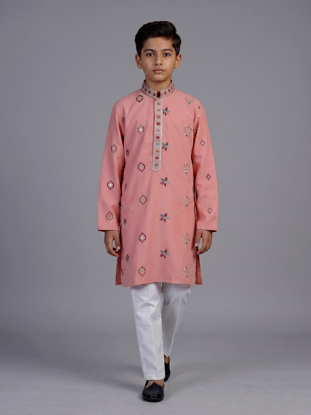 Peach floral silk blend star boys kurta suit