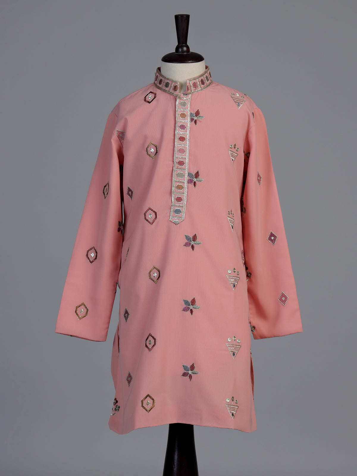 Peach floral silk blend star boys kurta suit