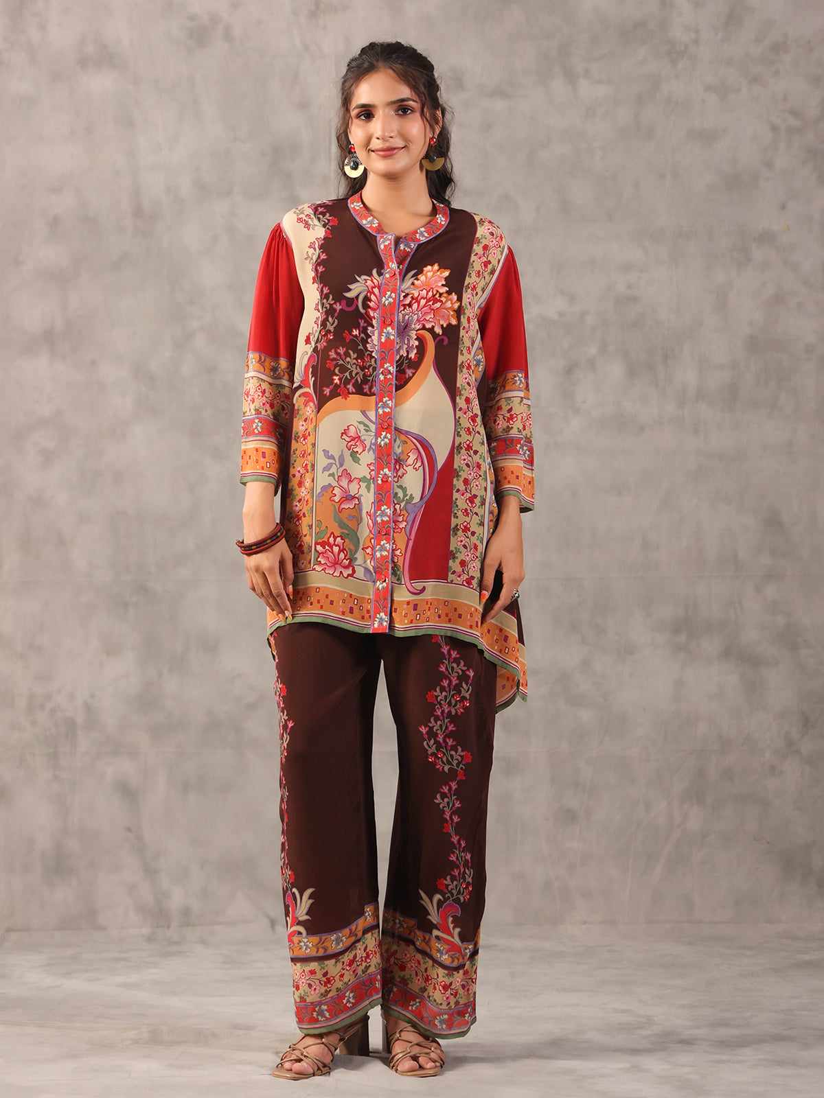 Brown floral printed embellished stand collar palazzo co ord set