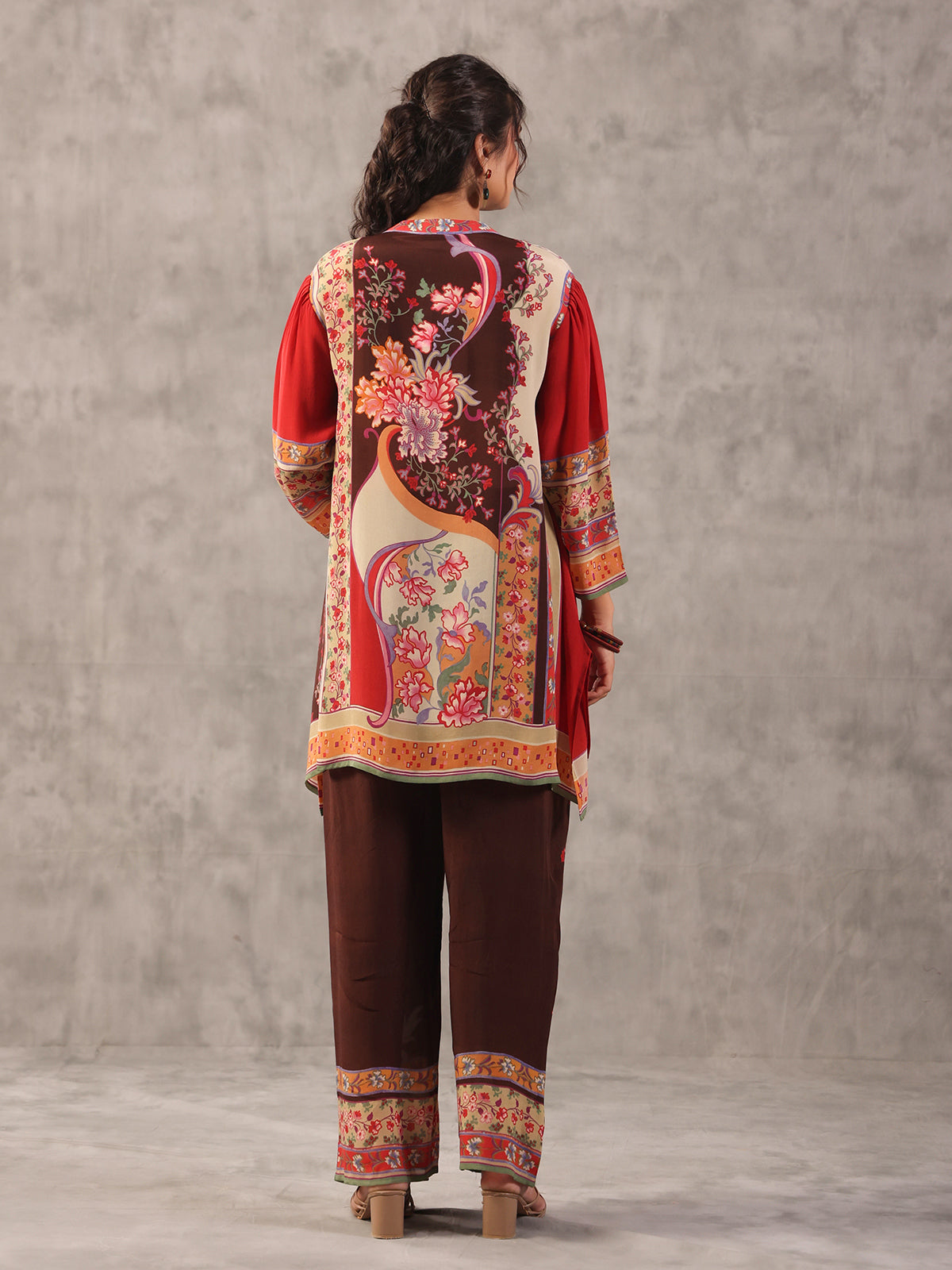 Brown floral printed embellished stand collar palazzo co ord set