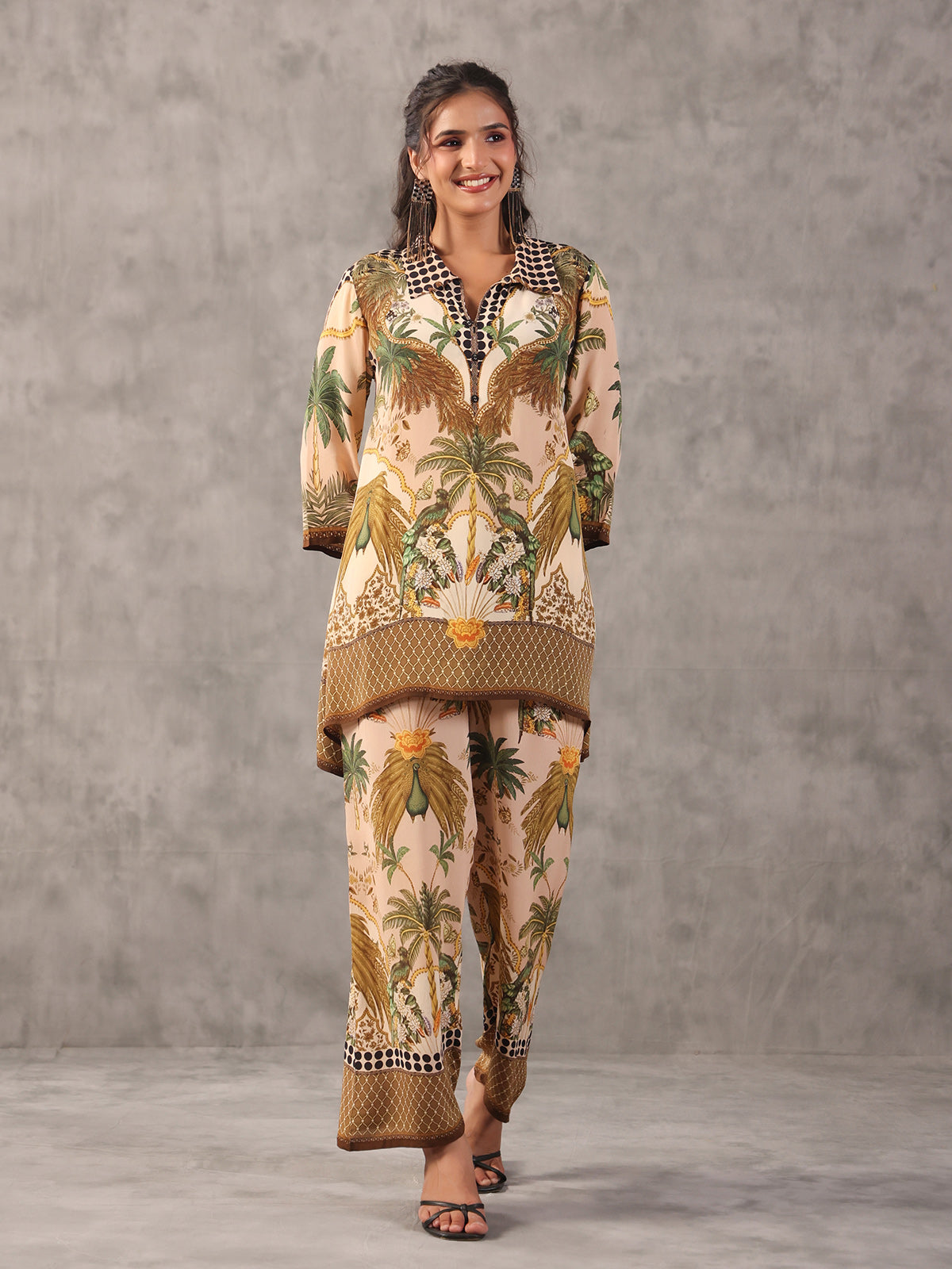 Cream figure print quirky collar neck palazzo co ord set