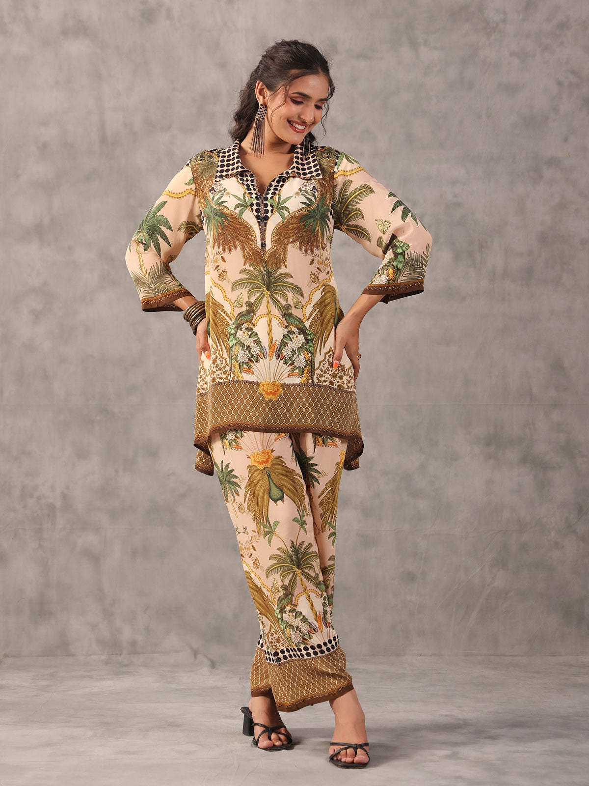 Cream figure print quirky collar neck palazzo co ord set