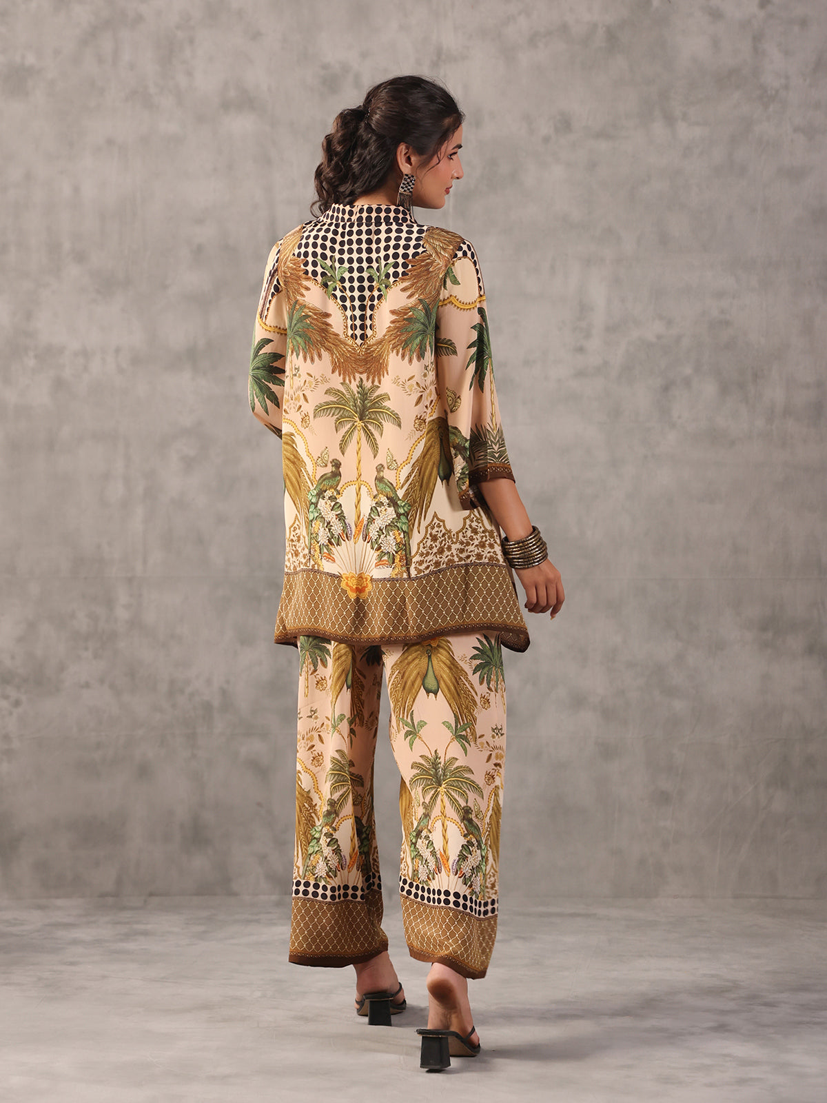 Cream figure print quirky collar neck palazzo co ord set
