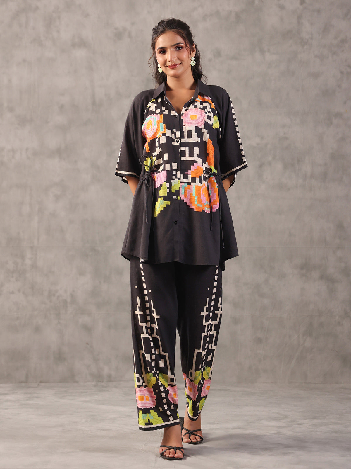 Black abstract printed linen side string palazzo co ord set