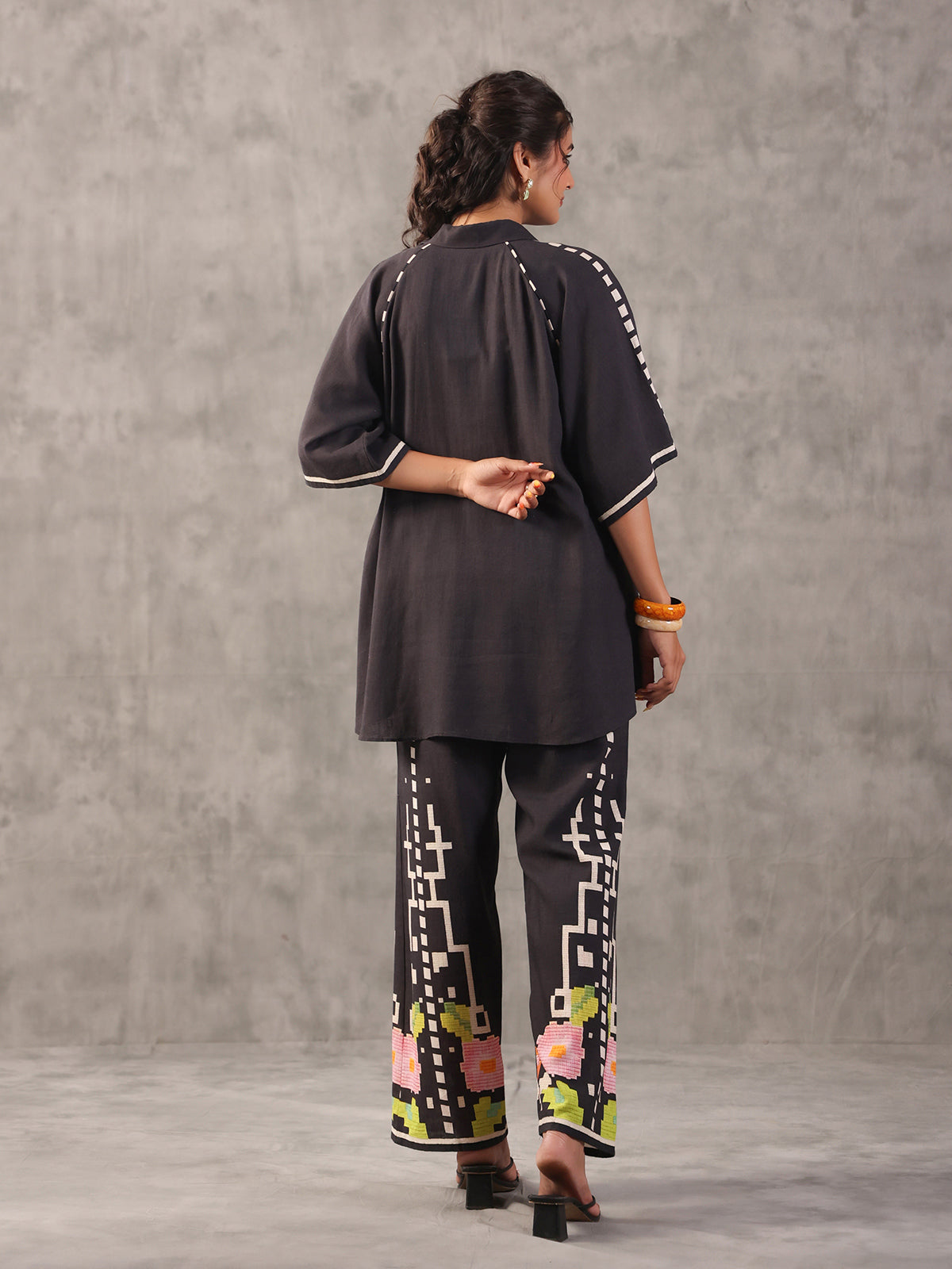 Black abstract printed linen side string palazzo co ord set