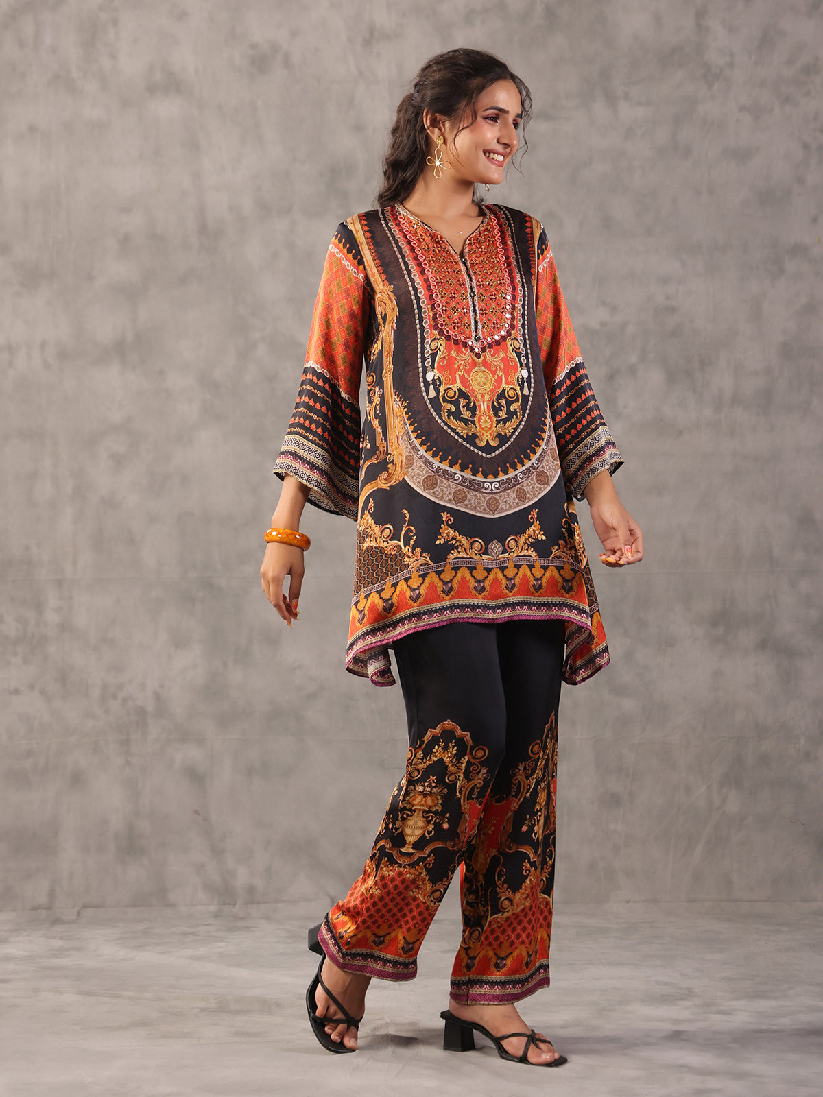 Black regal beaded and mirror embellished co ord set
