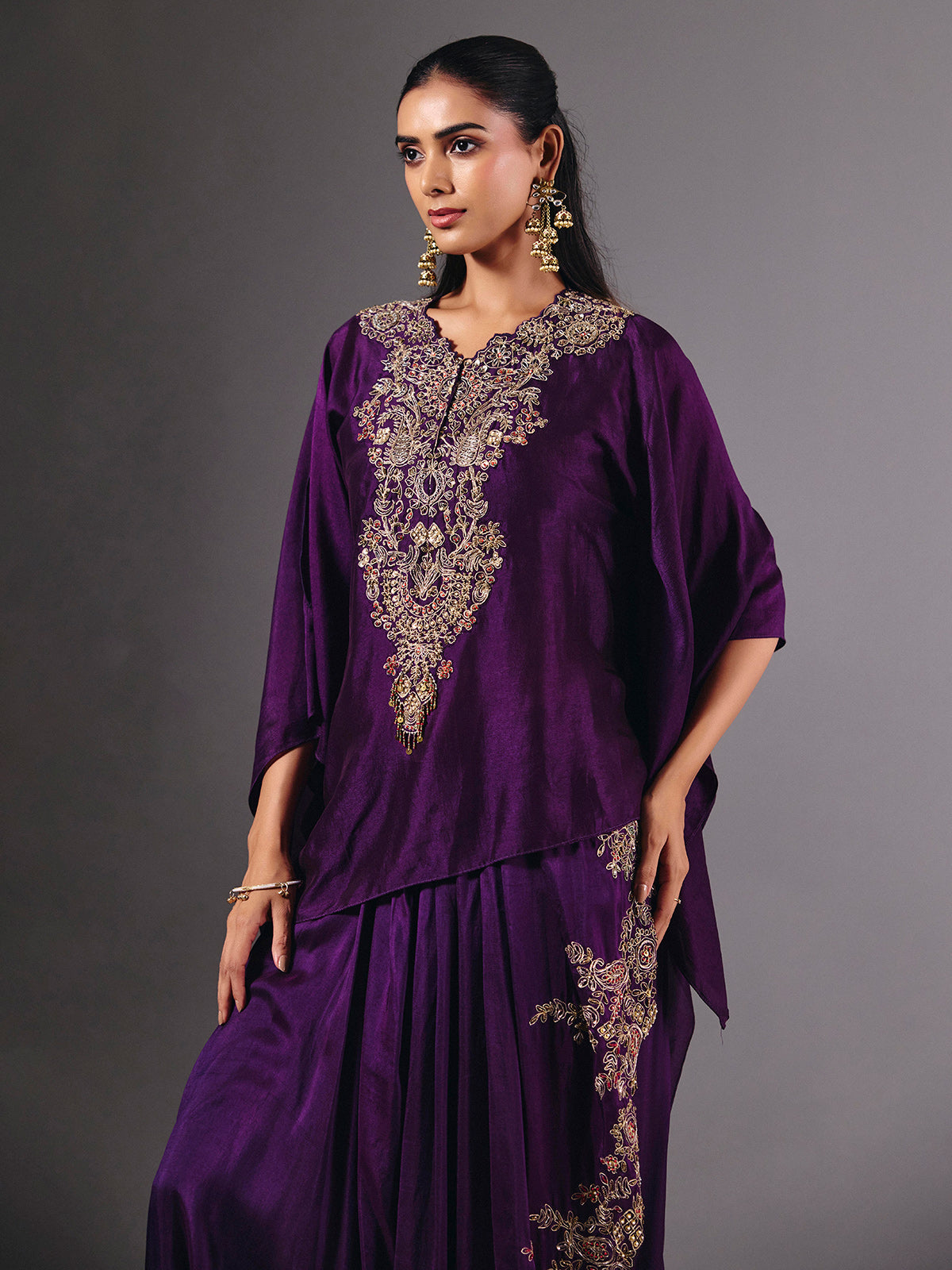Violet crepe silk indowestern suit with designer embellished detailing