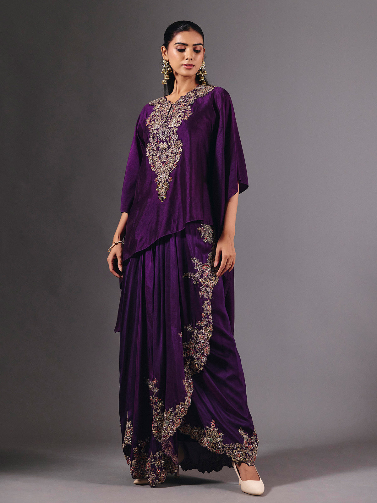 Violet crepe silk indowestern suit with designer embellished detailing