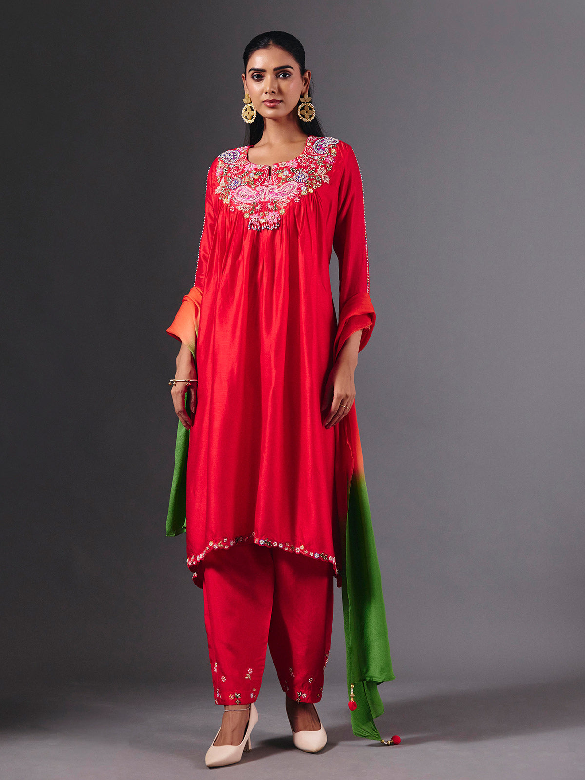 Elegant red silk salwar suit with zardosi embellished dupatta