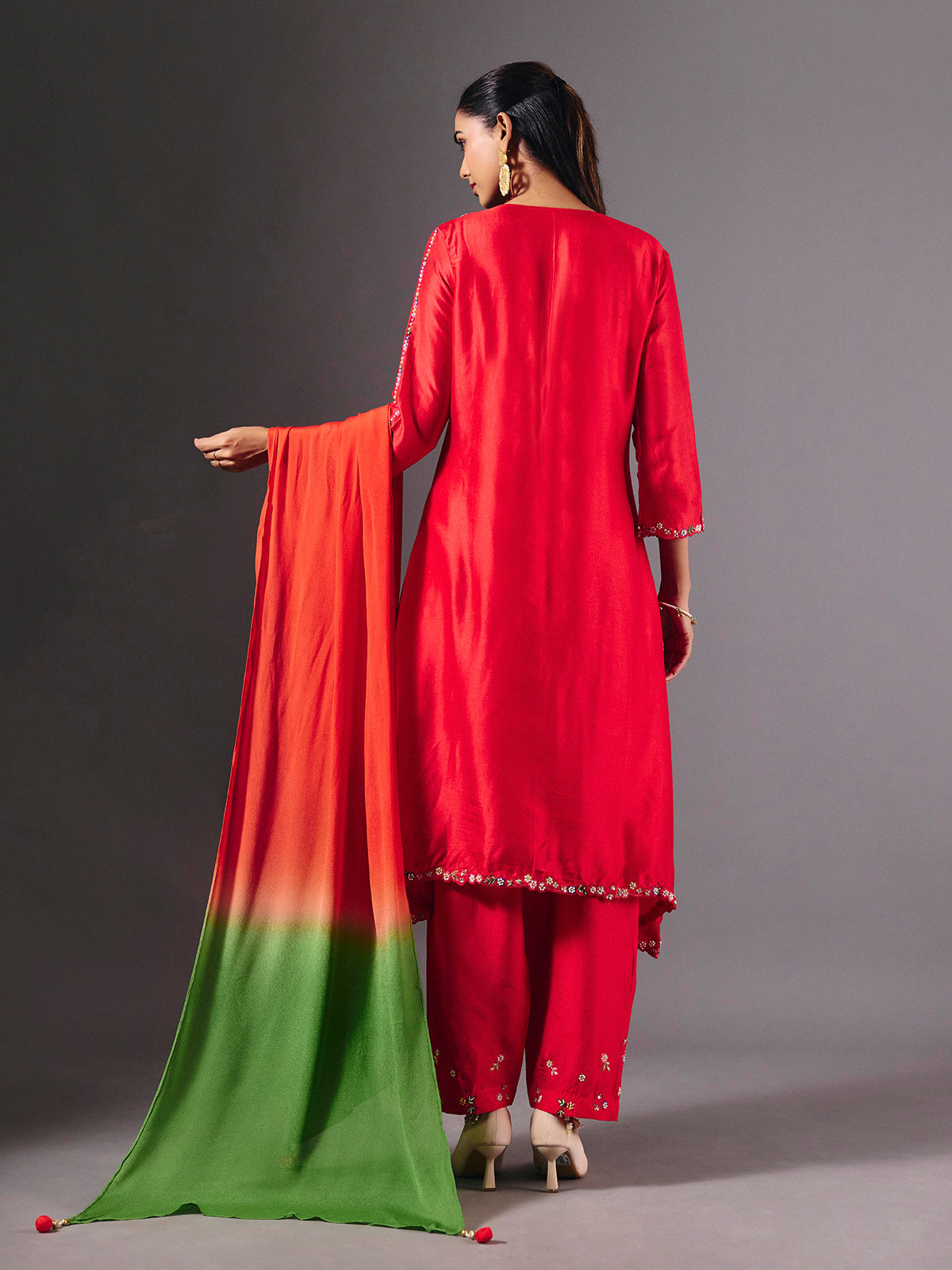 Elegant red silk salwar suit with zardosi embellished dupatta