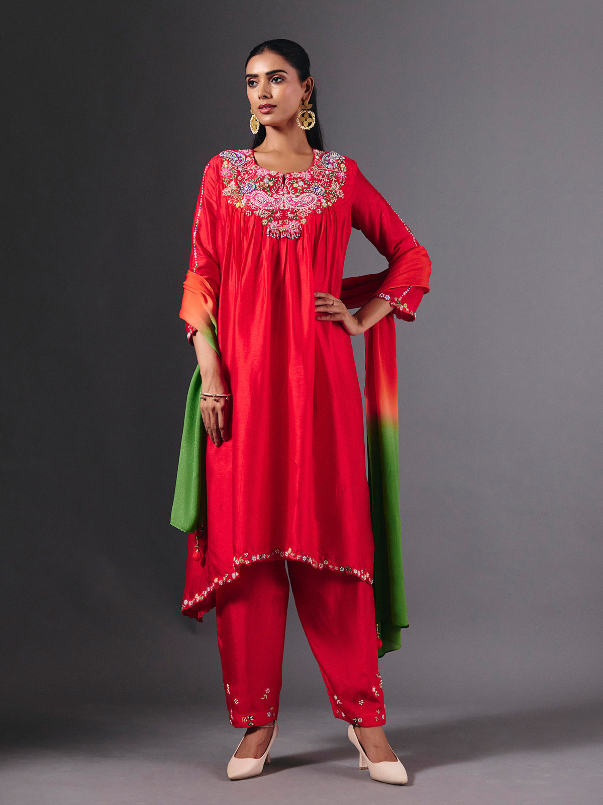 Elegant red silk salwar suit with zardosi embellished dupatta
