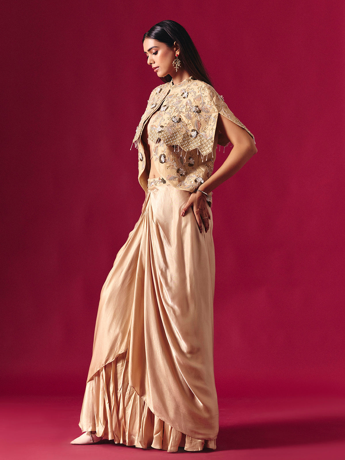 Beige satin silk designer indowestern sequined palazzo suit for weddings