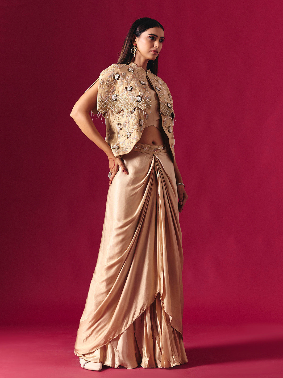 Beige satin silk designer indowestern sequined palazzo suit for weddings