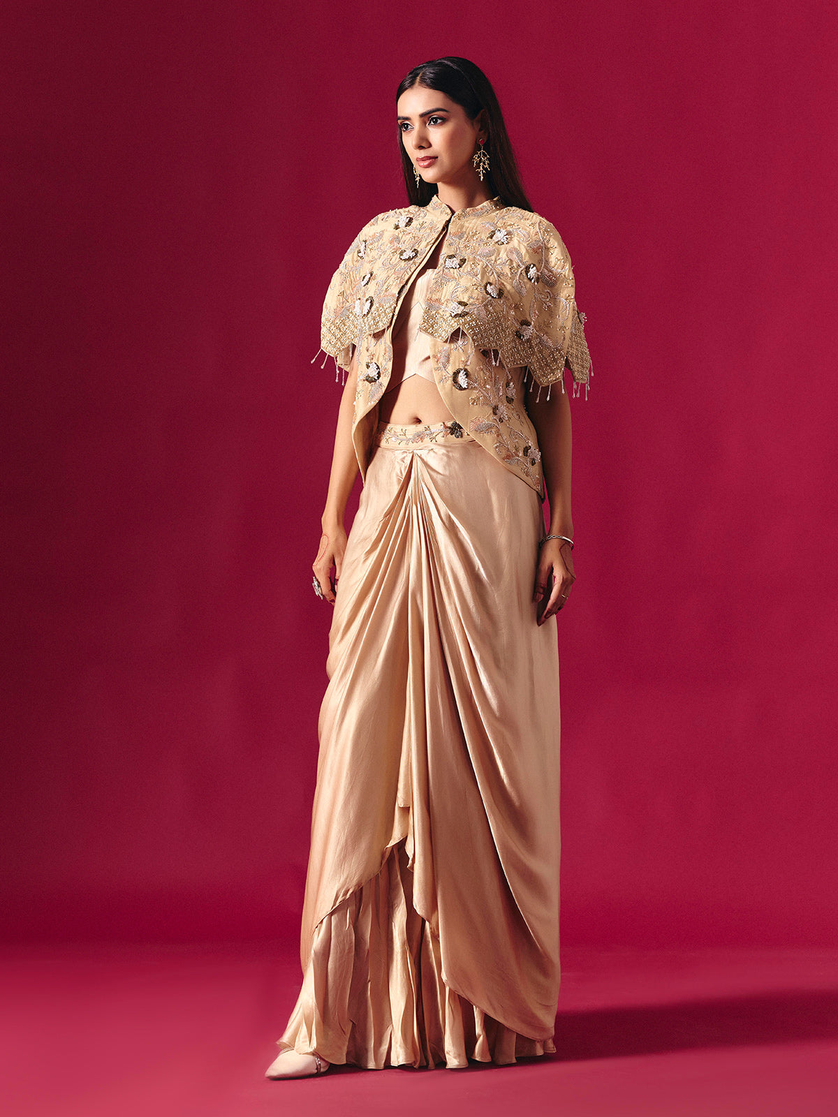 Beige satin silk designer indowestern sequined palazzo suit for weddings