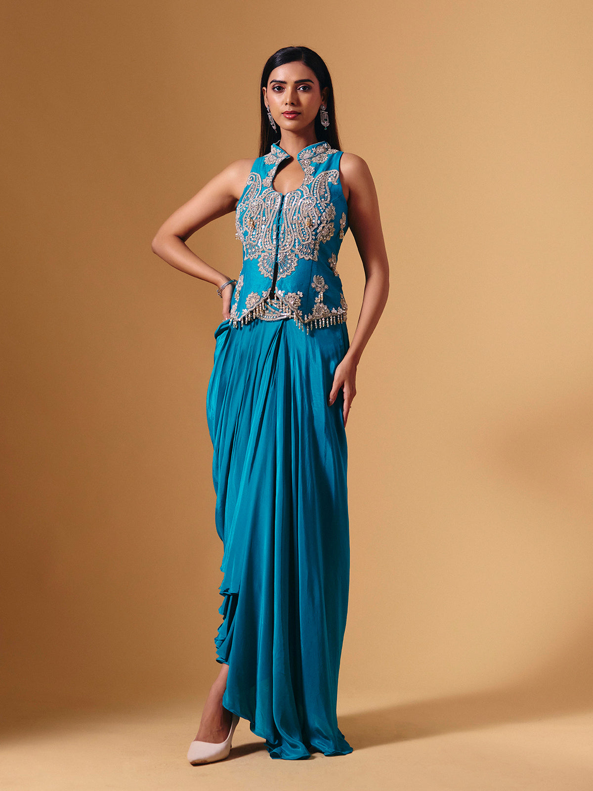 Blue satin silk designer indowestern collar neck festive salwar suit