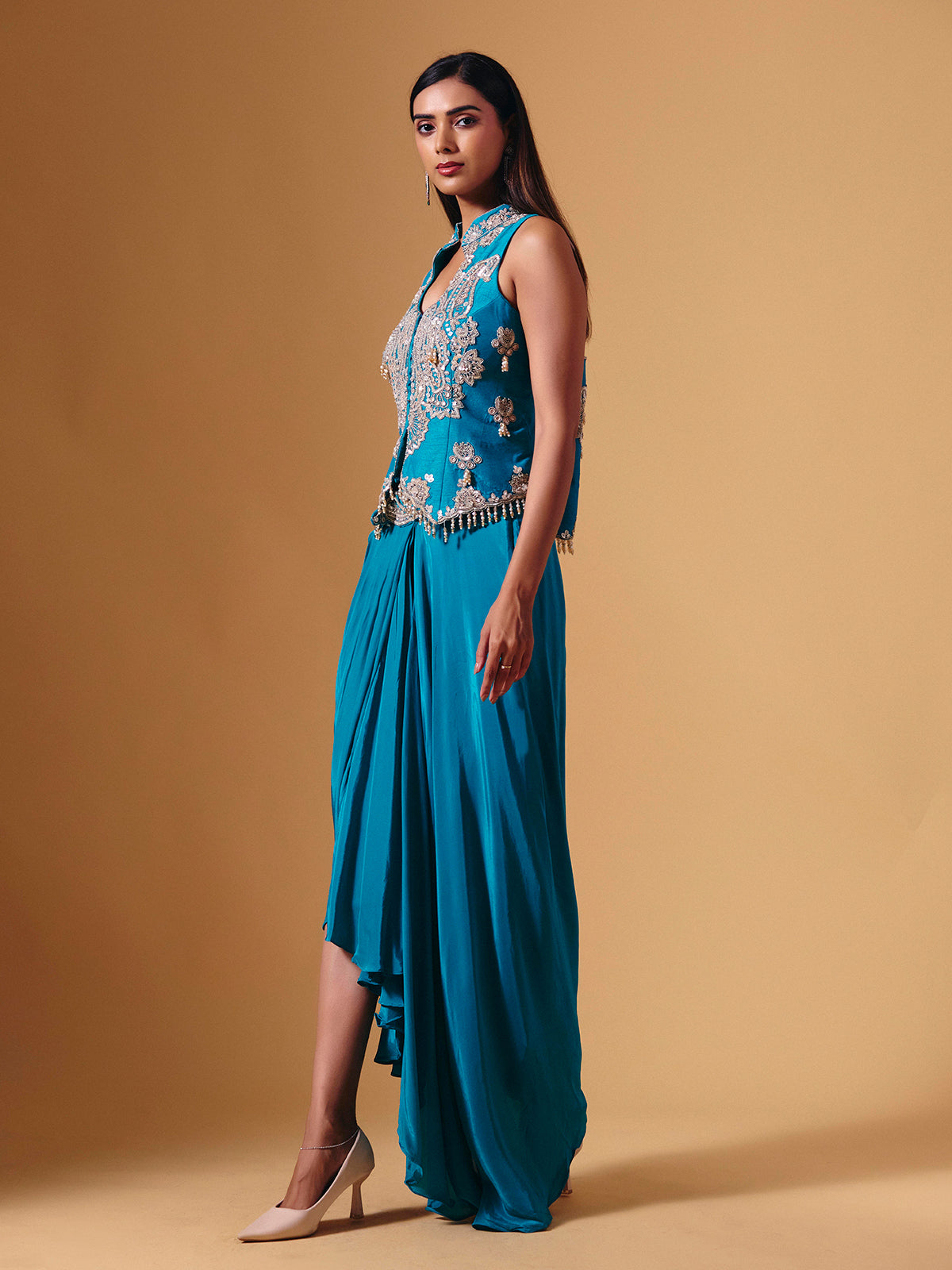 Blue satin silk designer indowestern collar neck festive salwar suit