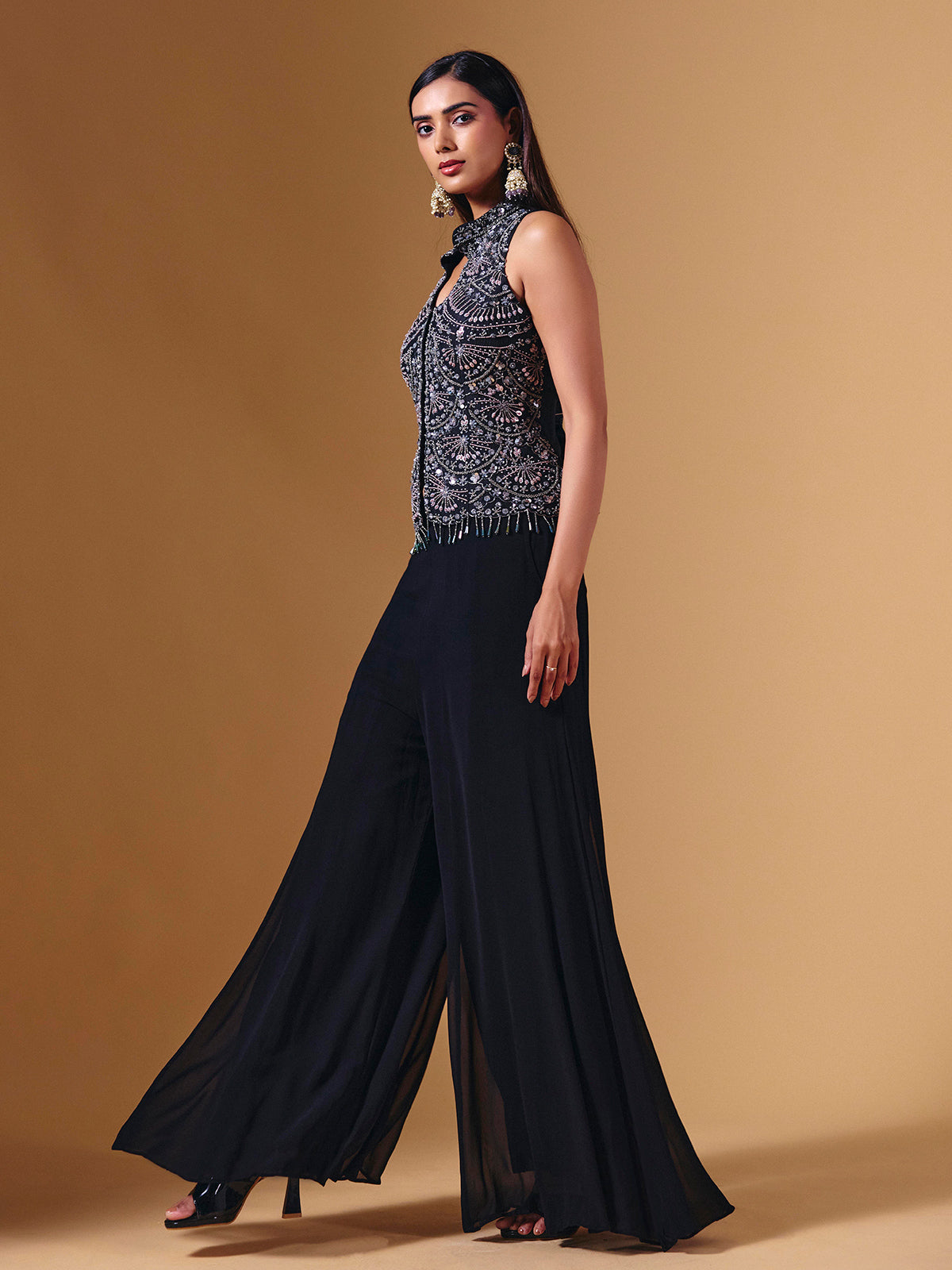 Black cotton silk embellished collar neck palazzo suit for weddings