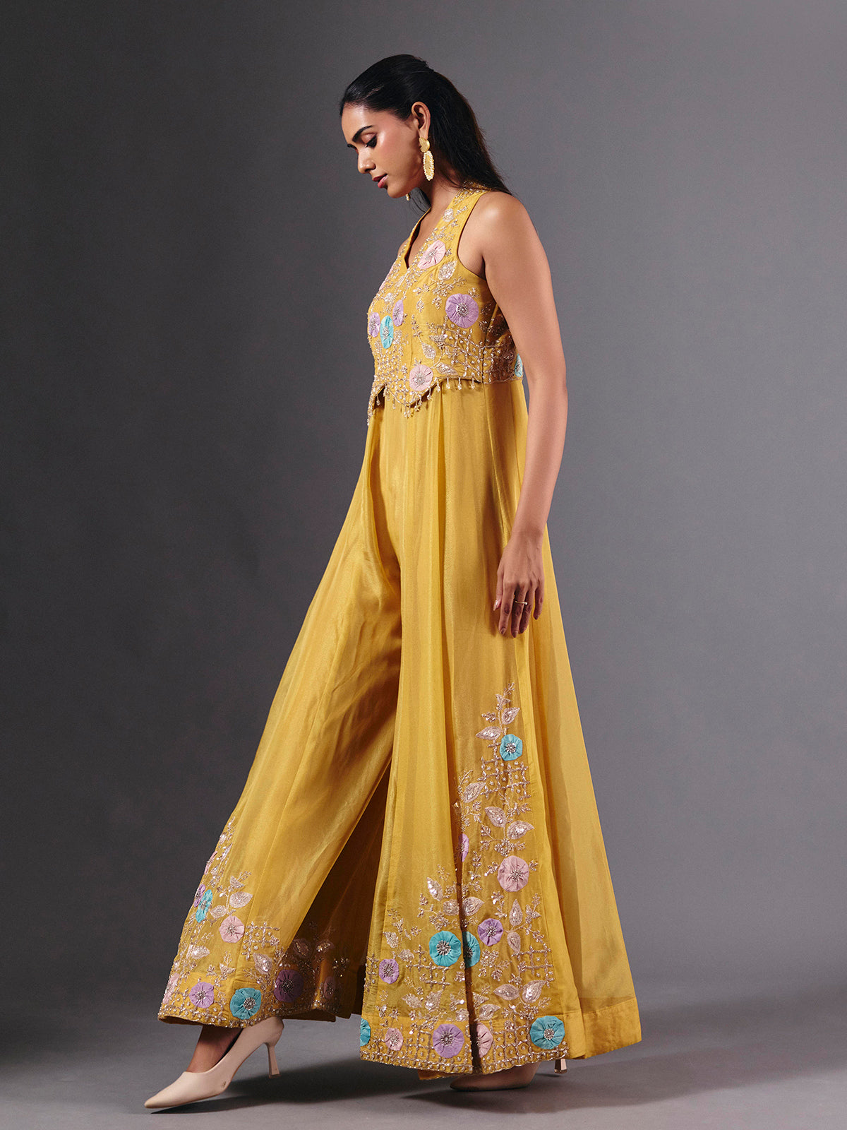 Yellow tissue silk embroidered halter neck palazzo suit for festive