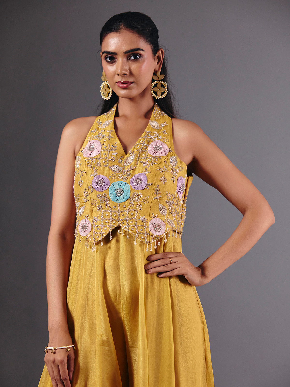Yellow tissue silk embroidered halter neck palazzo suit for festive