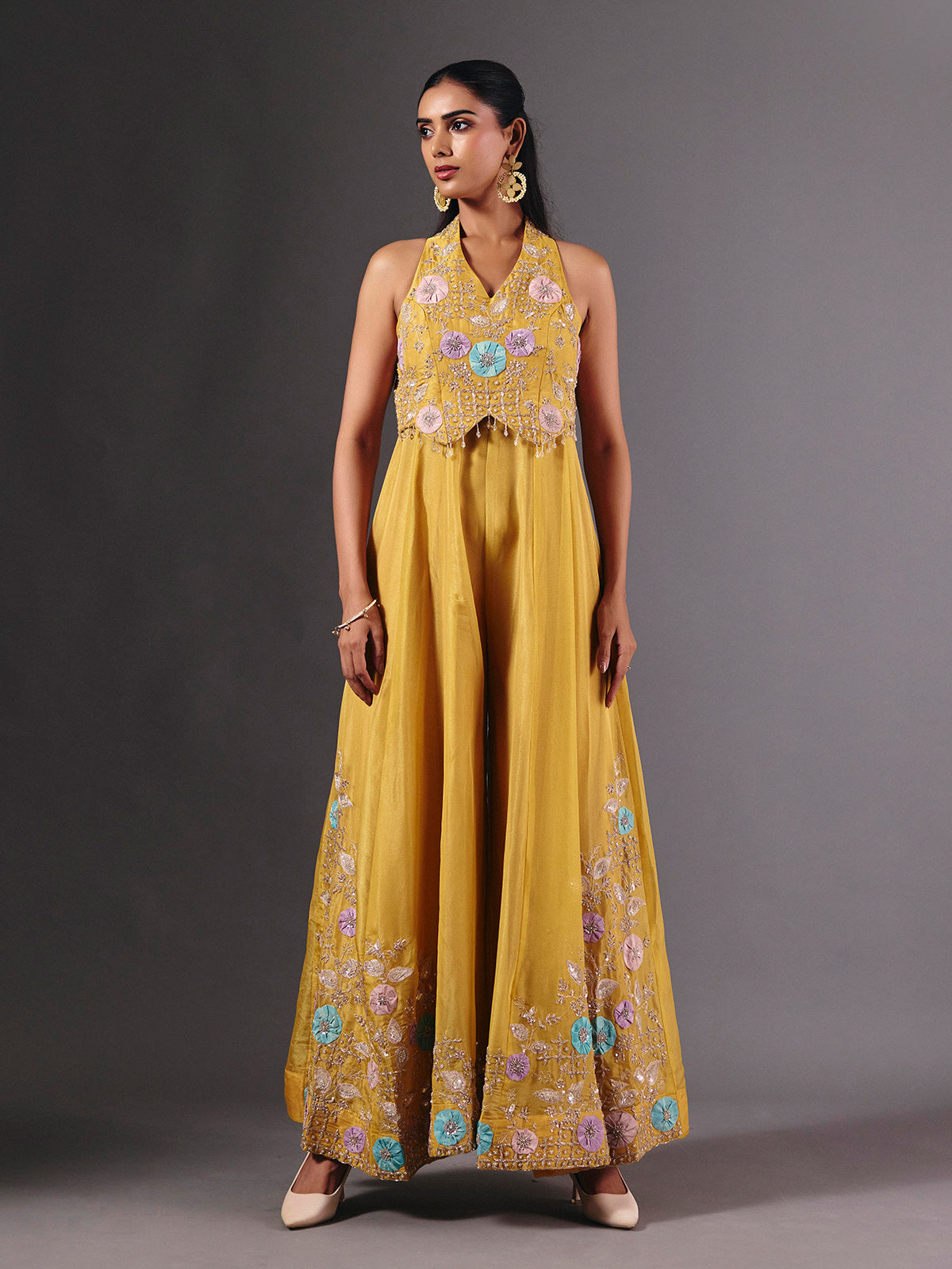 Yellow tissue silk embroidered halter neck palazzo suit for festive