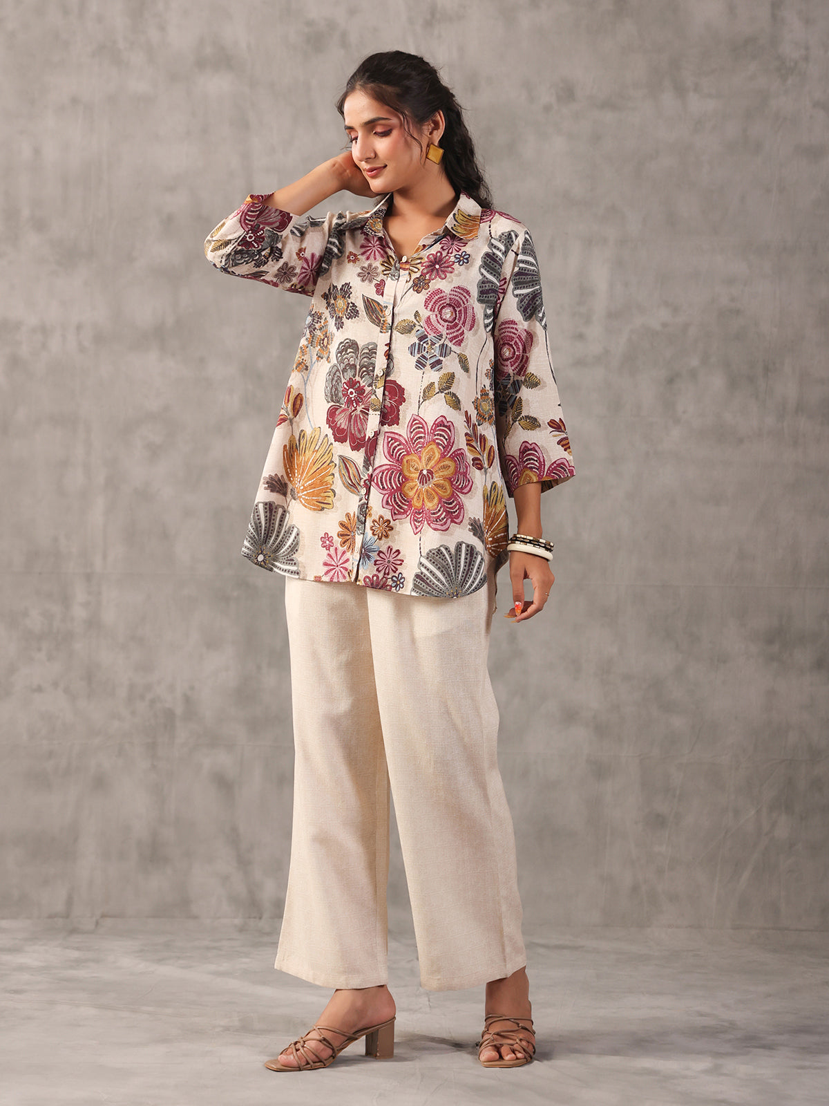 Off white silver linen printed collar neck palazzo co ord set