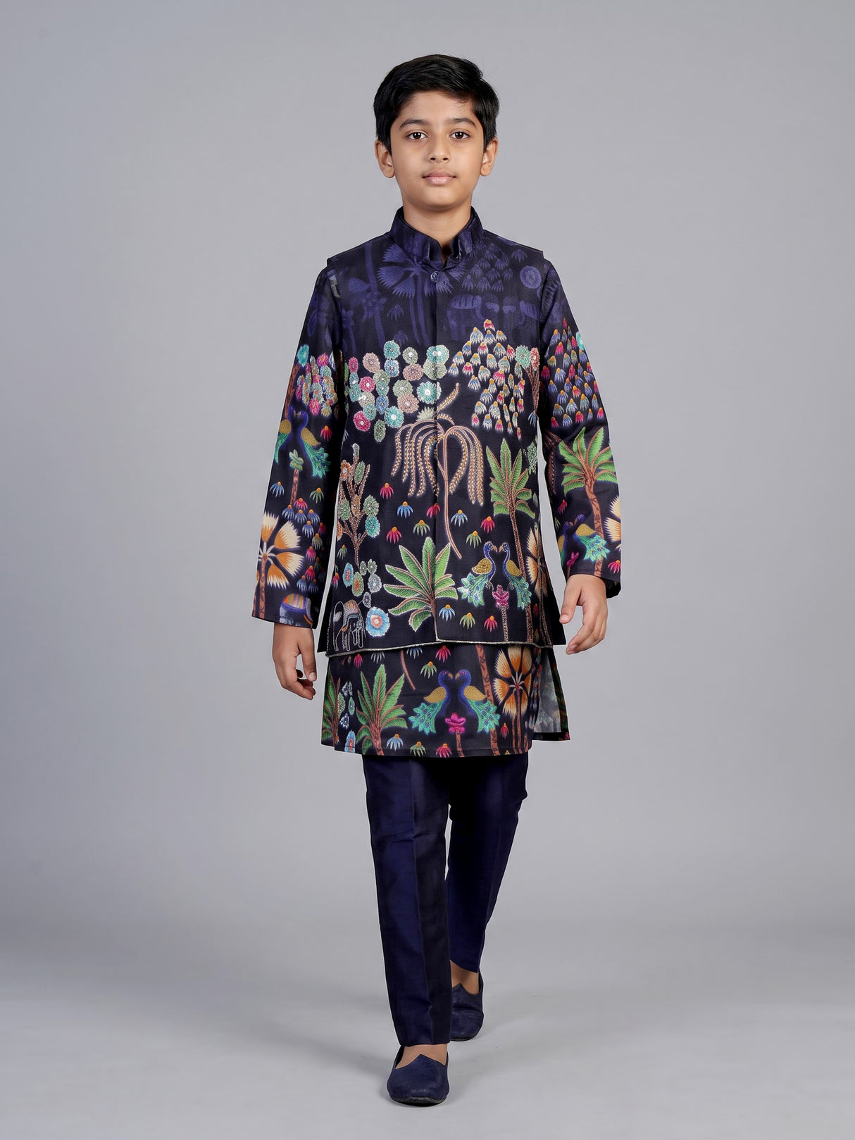 Black pichwai print boys waistcoat set