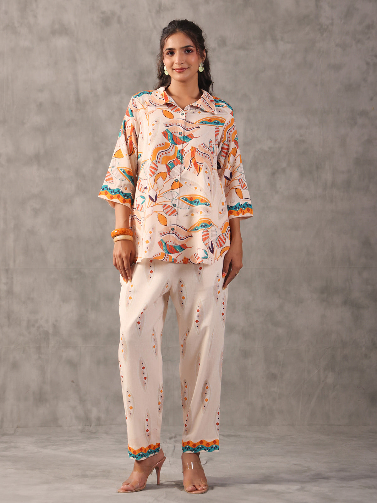 Off white linen printed collar neck palazzo co ord set