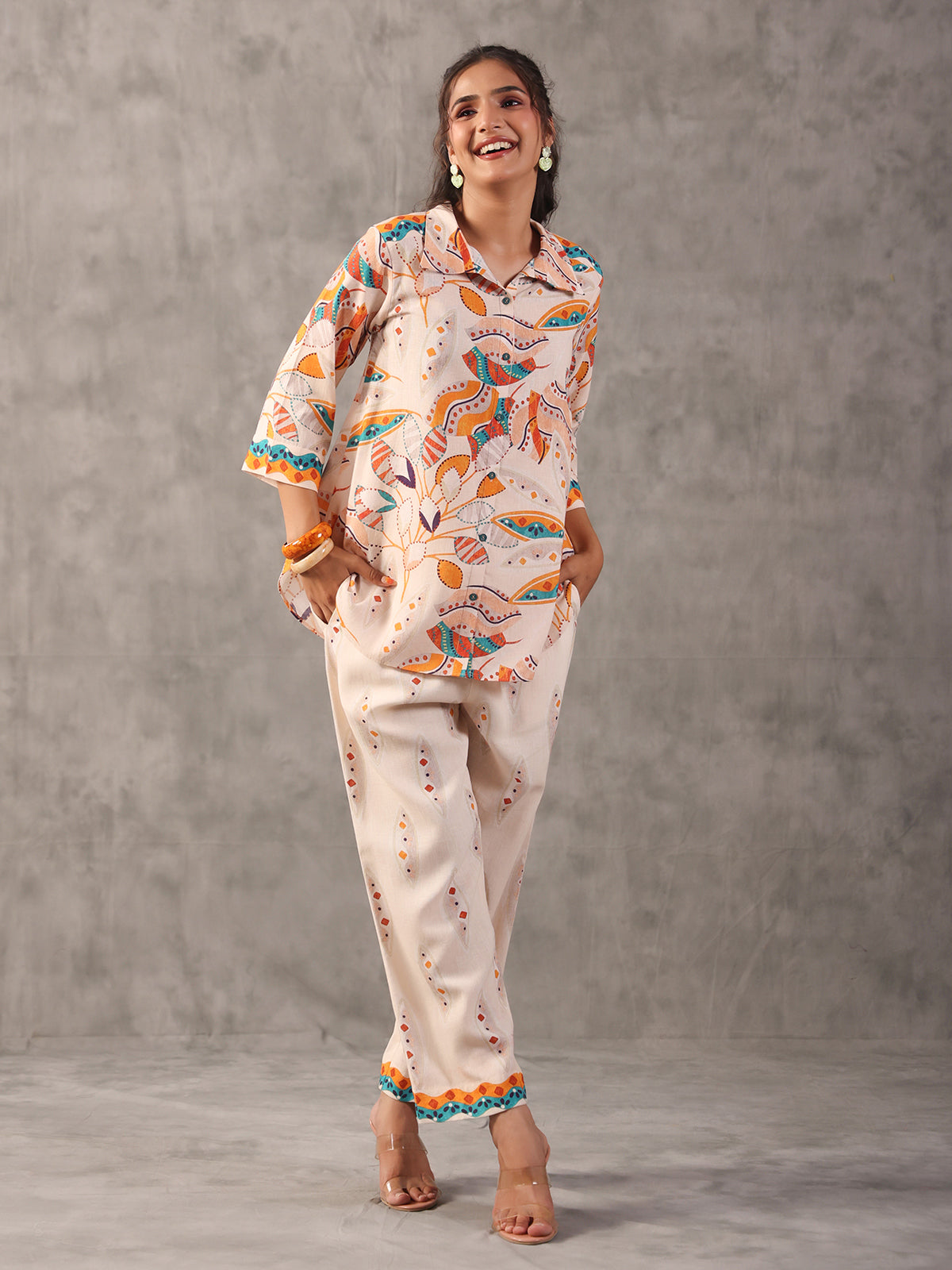 Off white linen printed collar neck palazzo co ord set