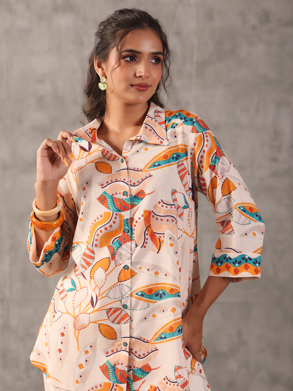 Off white linen printed collar neck palazzo co ord set