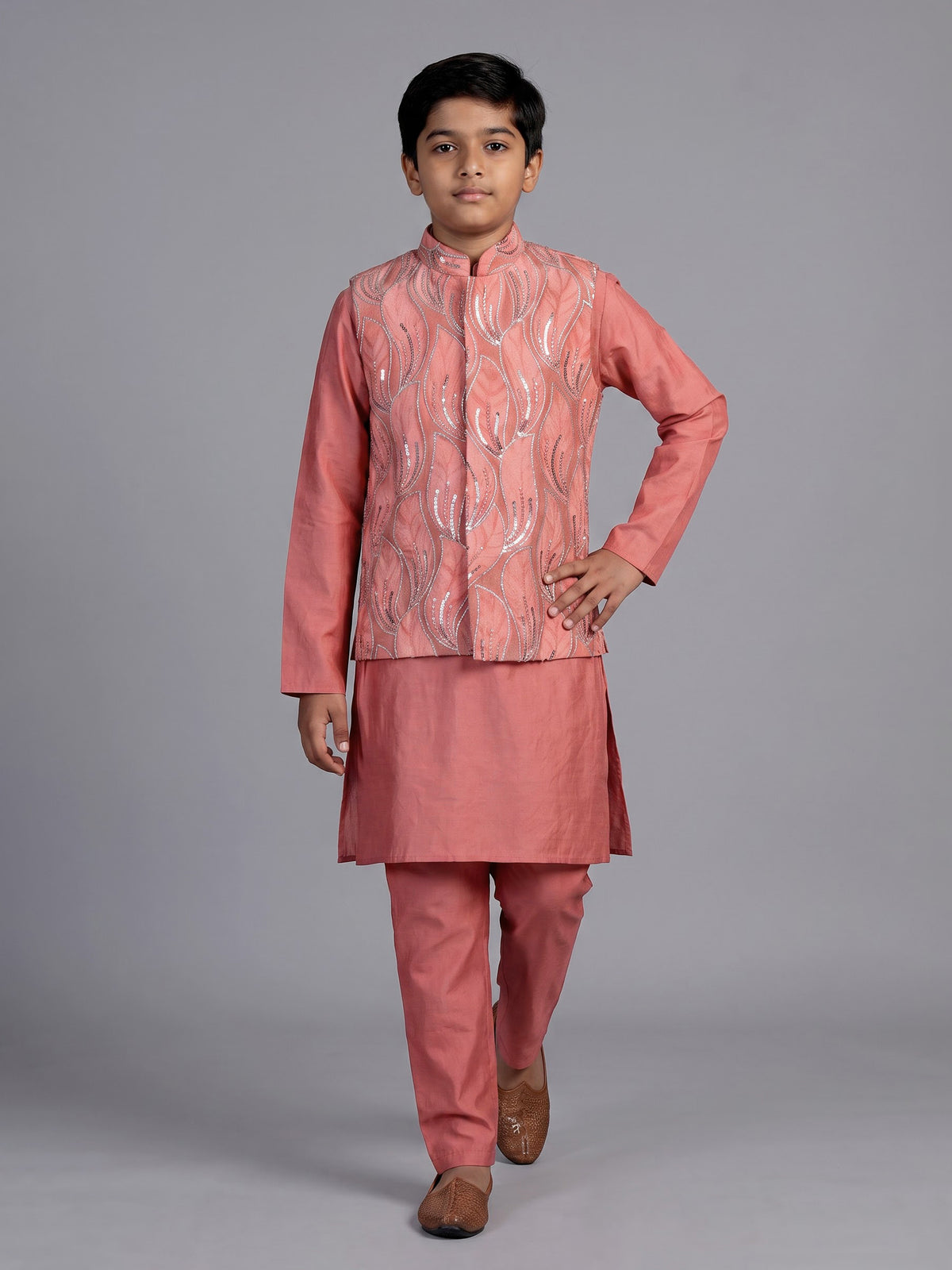 Dusty rose pink leaf embroidered boys waistcoat set
