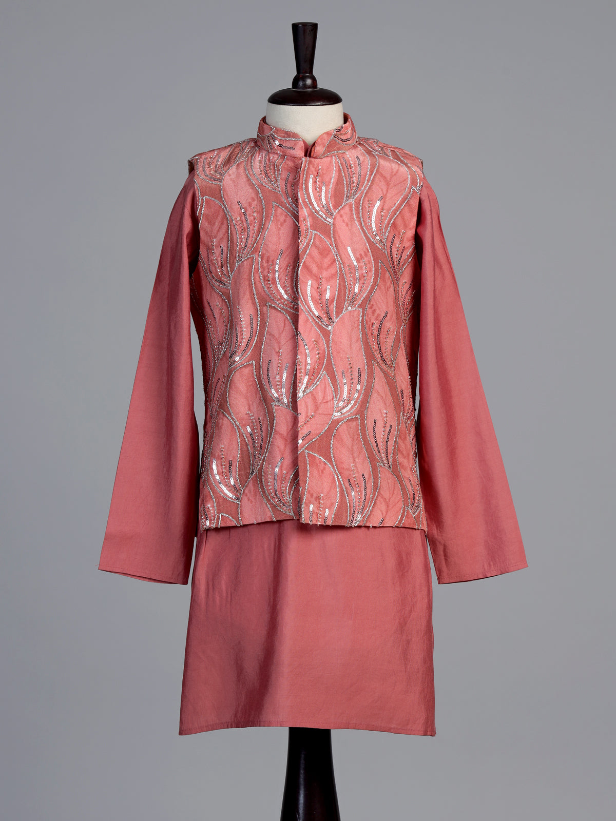 Dusty rose pink leaf embroidered boys waistcoat set