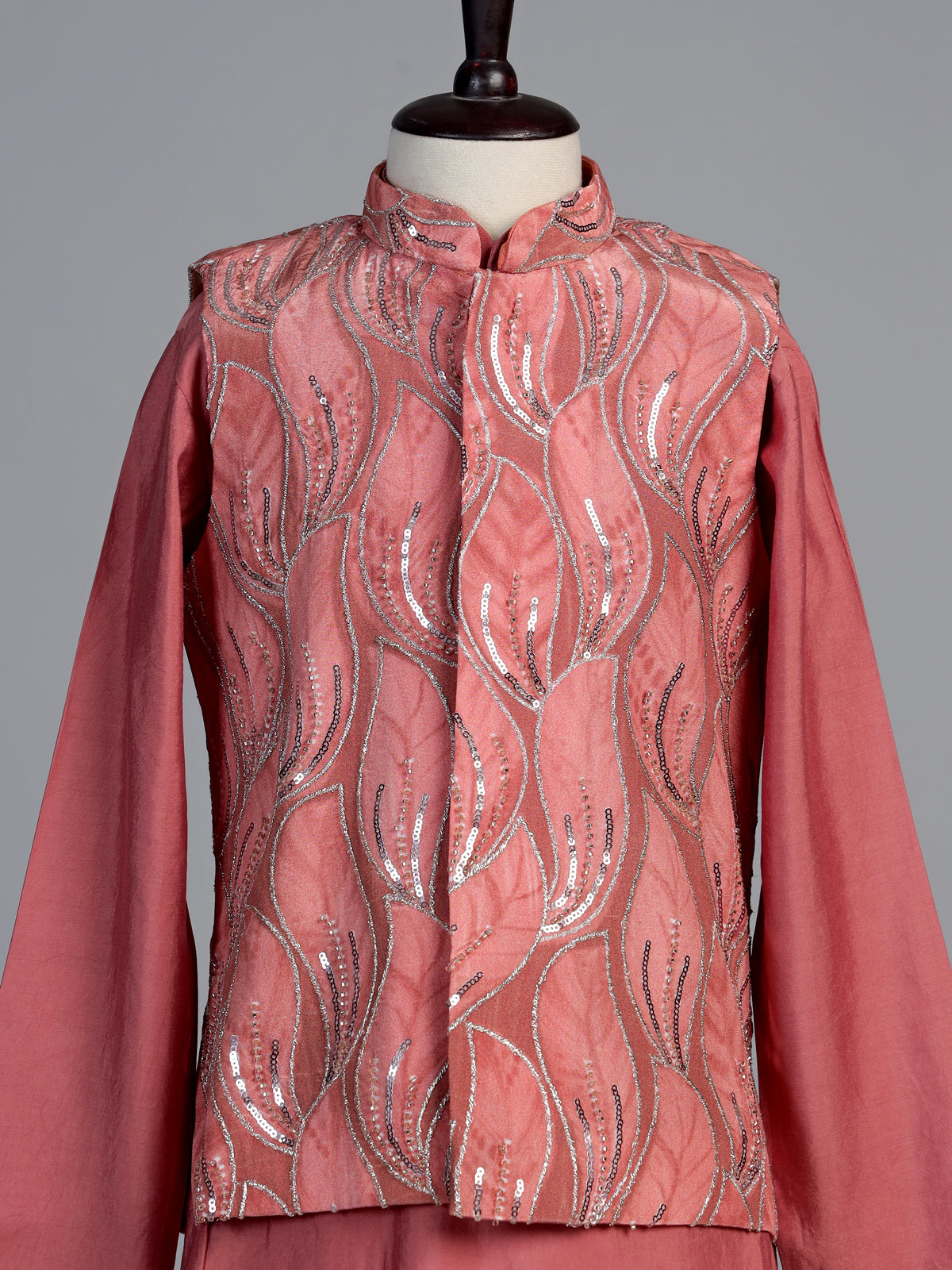 Dusty rose pink leaf embroidered boys waistcoat set