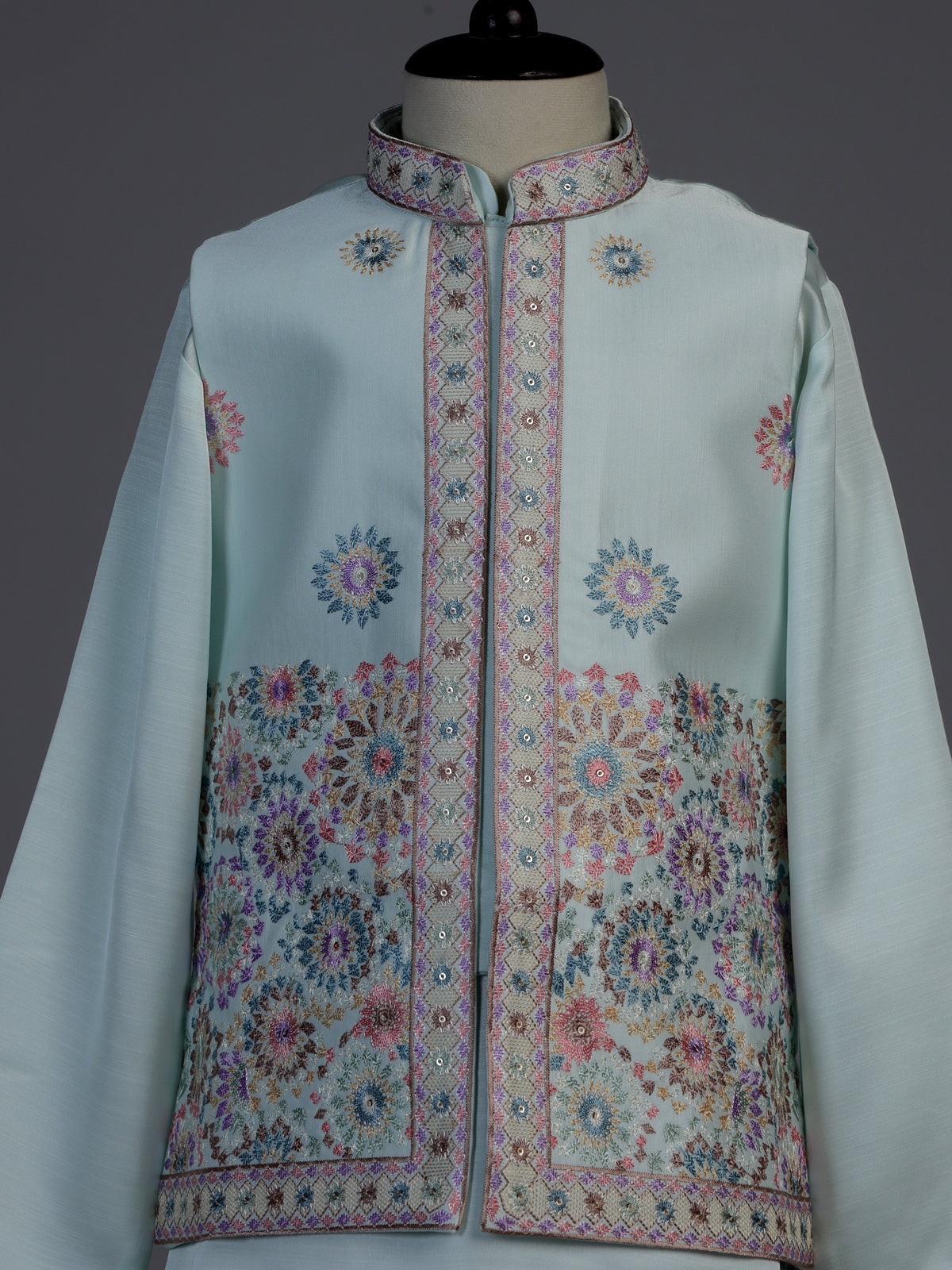 Mint blue floral embroidered boys waistcoat set