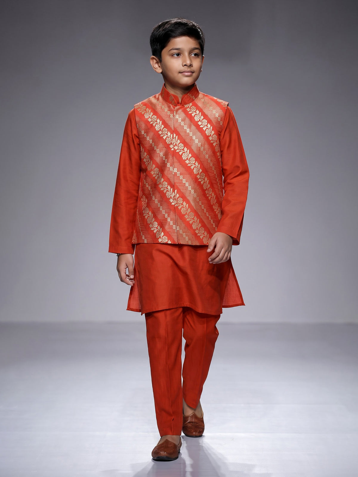 Orange leheriya zari boys waistcoat set