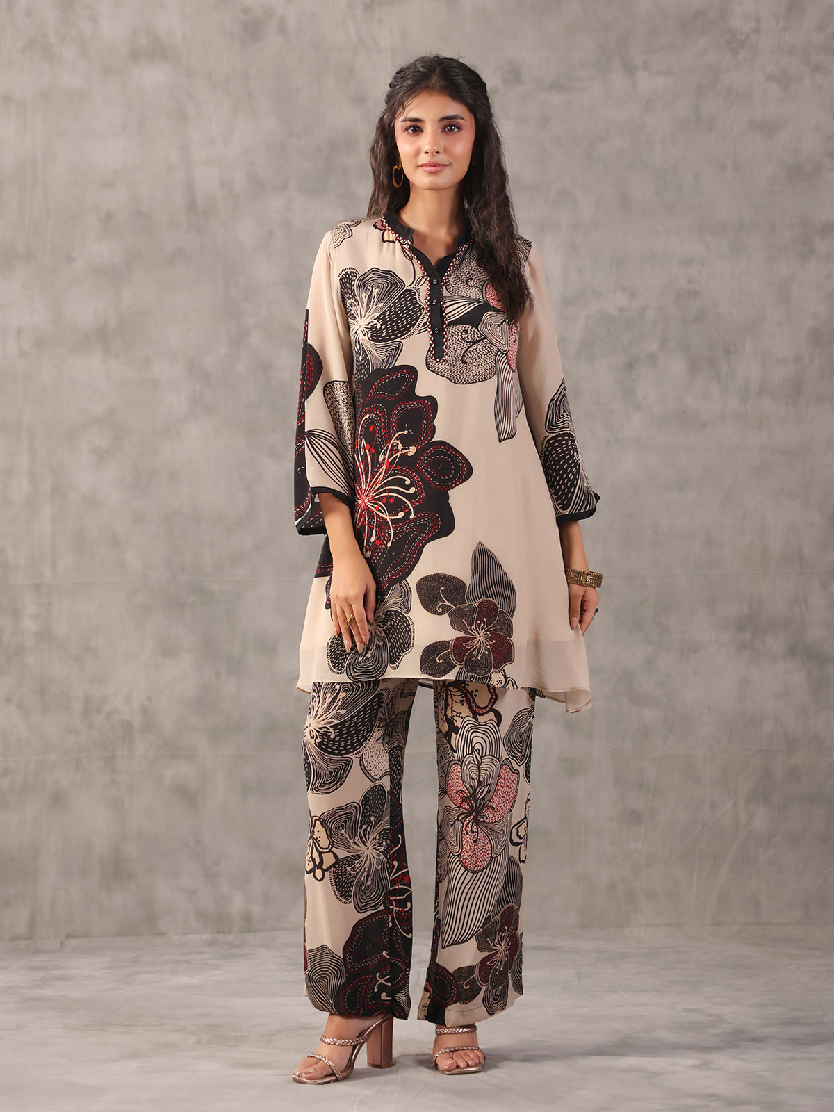 Beige perfect printed embellished stand collar palazzo co ord set