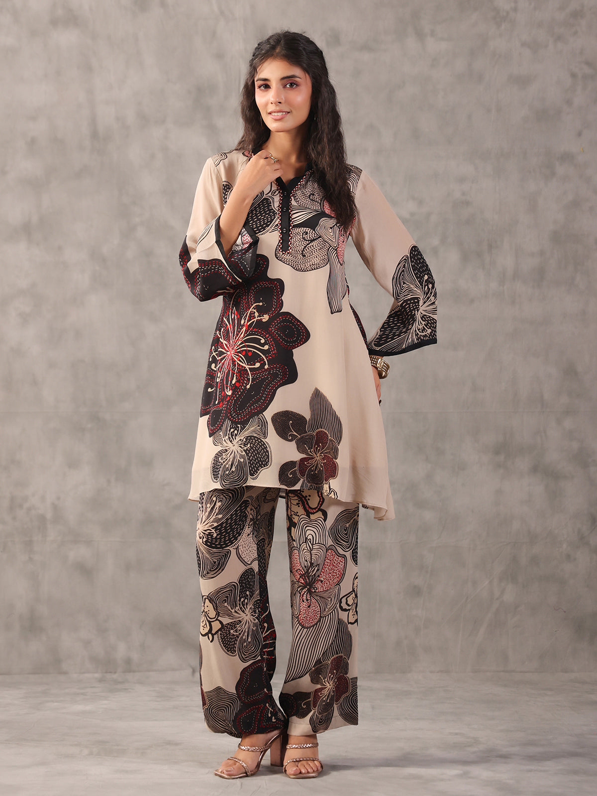 Beige perfect printed embellished stand collar palazzo co ord set