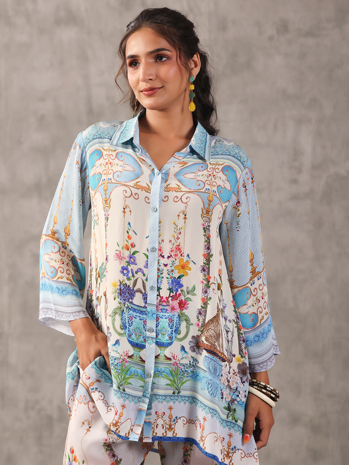 Sky blue european print collar neck palazzo co ord set