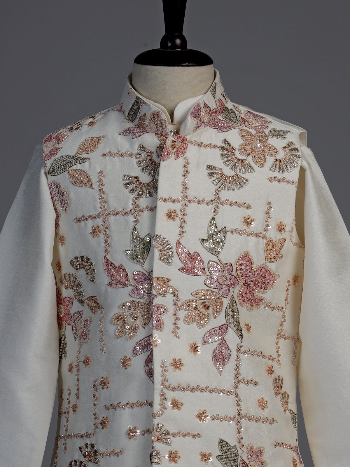 Off white floral grid boys waistcoat set