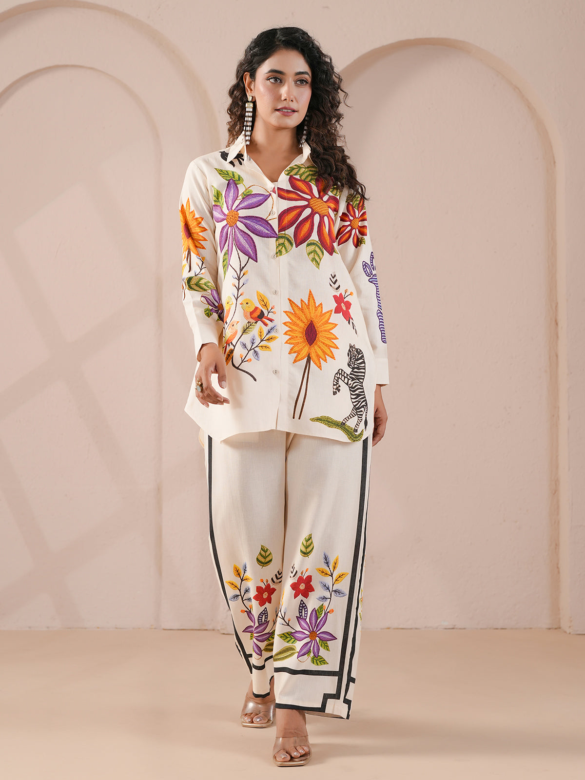 White embellished silver linen printed full sleeve co ord set