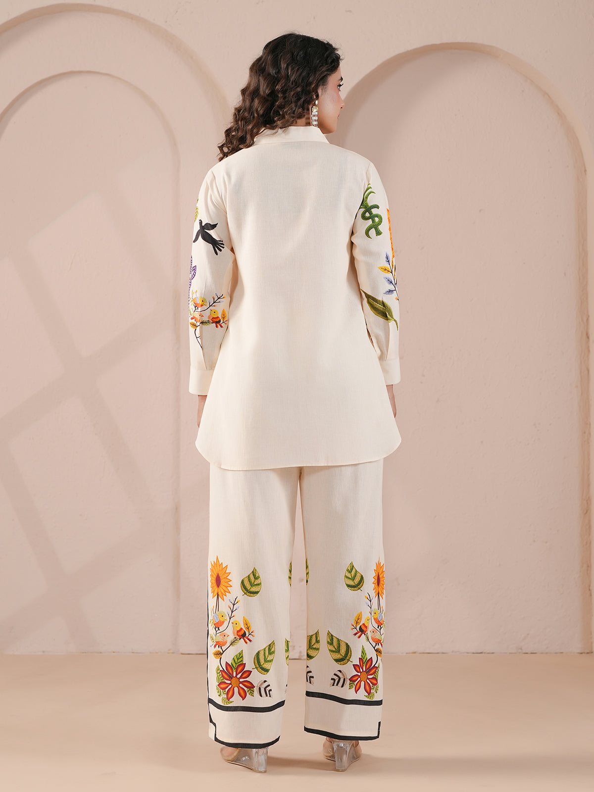 White embellished silver linen printed full sleeve co ord set