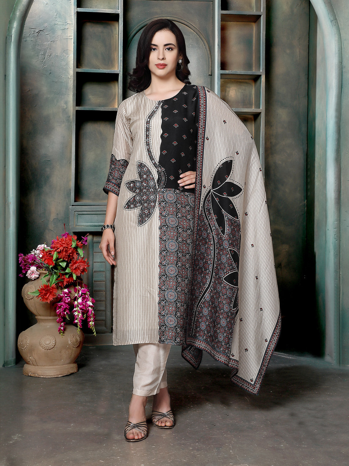 Cream charcoal ajrakh printed women kurti set