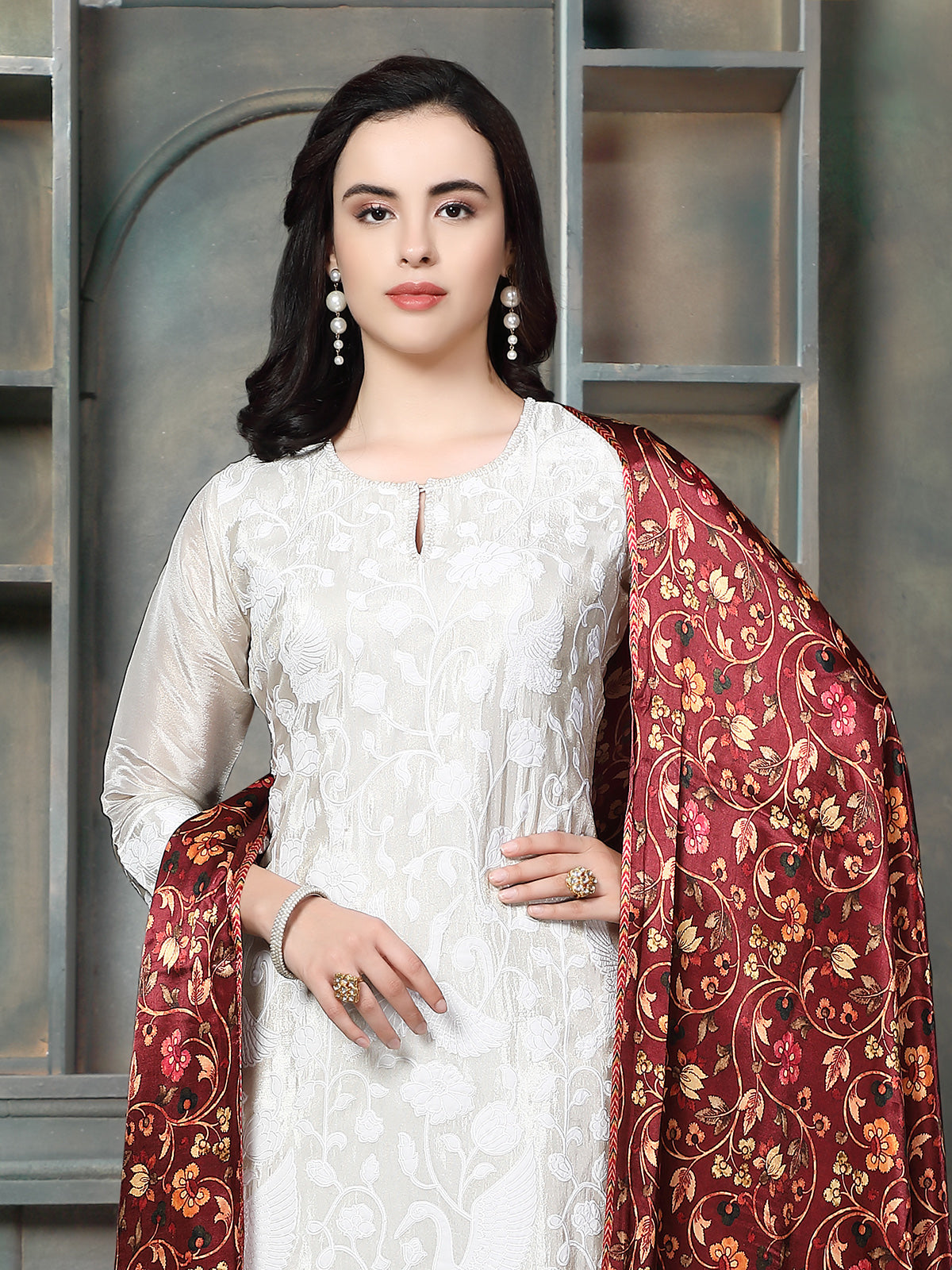 White royal swan embroidered women palazzo pant kurti set