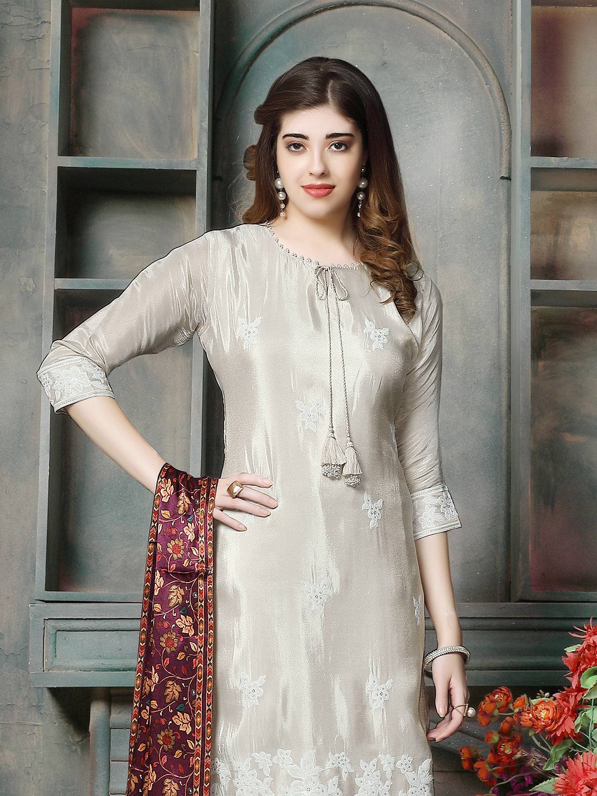 Grey floral embroidered women palazzo pant kurti set