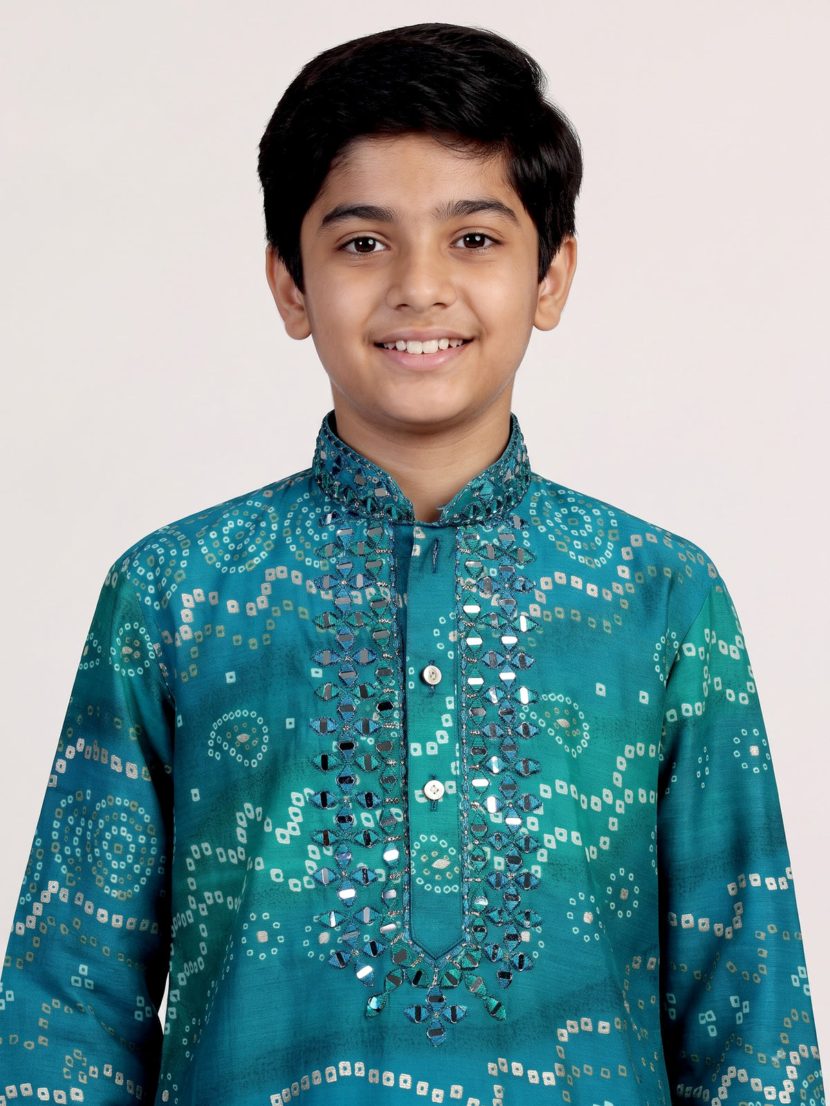 Blue bandhani print boys kurta suit