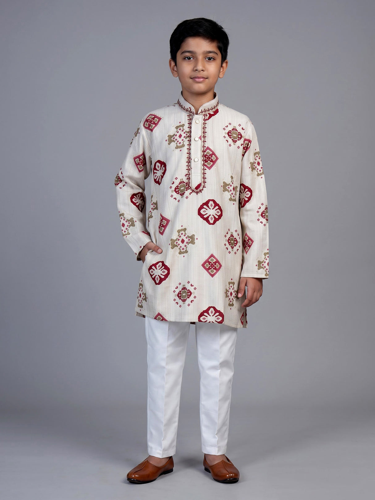 Off white patola print boys kurta suit